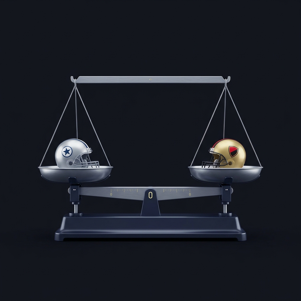 Minimalist full frame illustration of a balanced scale with two team helmets and a subtle engraved line showing the point spread covering the spread concept