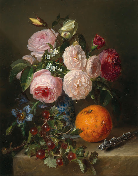 Still Life with Flowers Oranges Roses and Gooseberries 1852