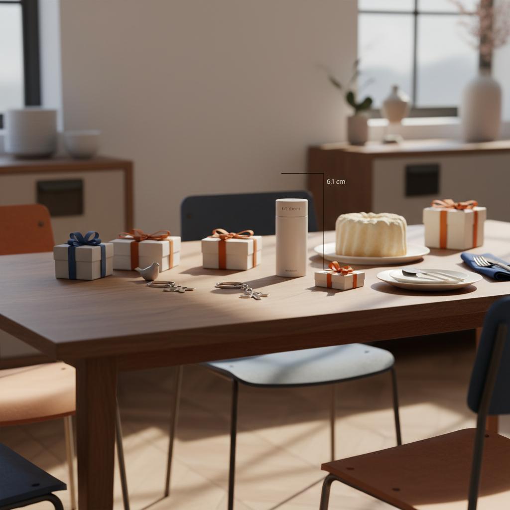 Minimalistischer Esstisch mit geöffneten Geschenken, einfacher Vanilletorte und Fokus auf Metallanhänger und Schlüsselanhänger – geschenkideen für vater