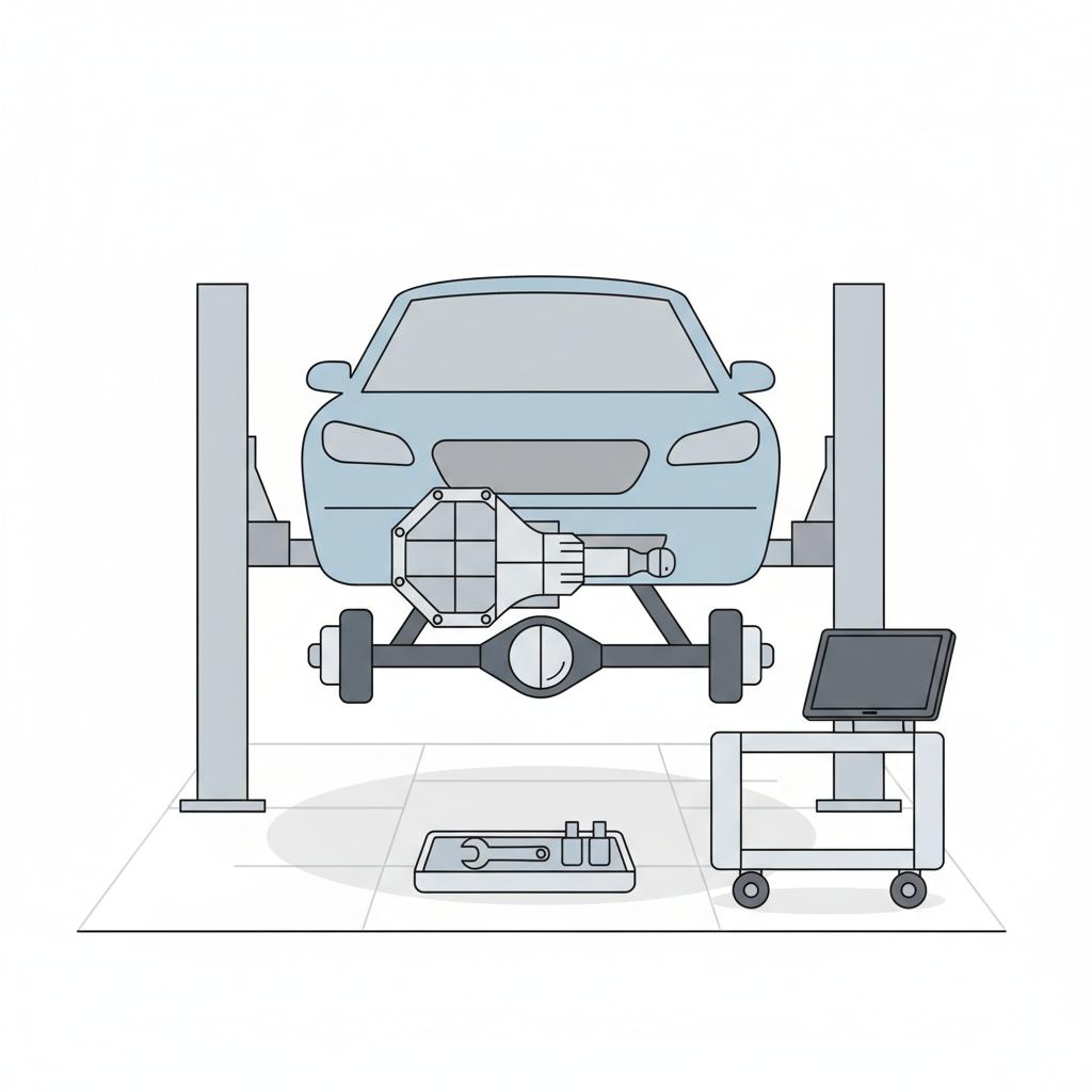 Minimalist 2D vector of a sedan on a lift showing exposed transmission area and tools in a clean well lit shop chevy malibu for sale