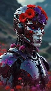 Floral Robot Amidst Blooming Wildflower Field