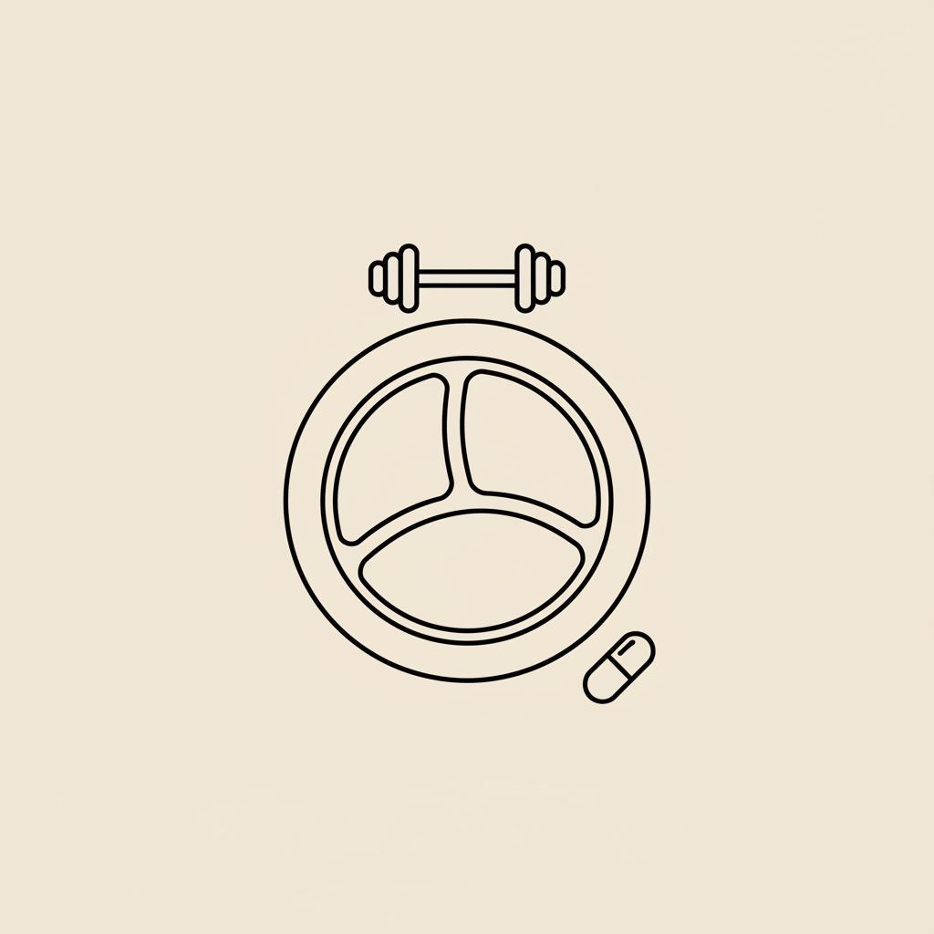 Minimal Tonum-style line-art of a portioned plate, small capsule silhouette and simple barbell on a beige background for a 21-day metabolic reset.