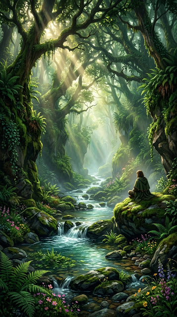 Detailed Digital Painting of a Misty Forest Canyon and Stream - Free mobile Wallpaper