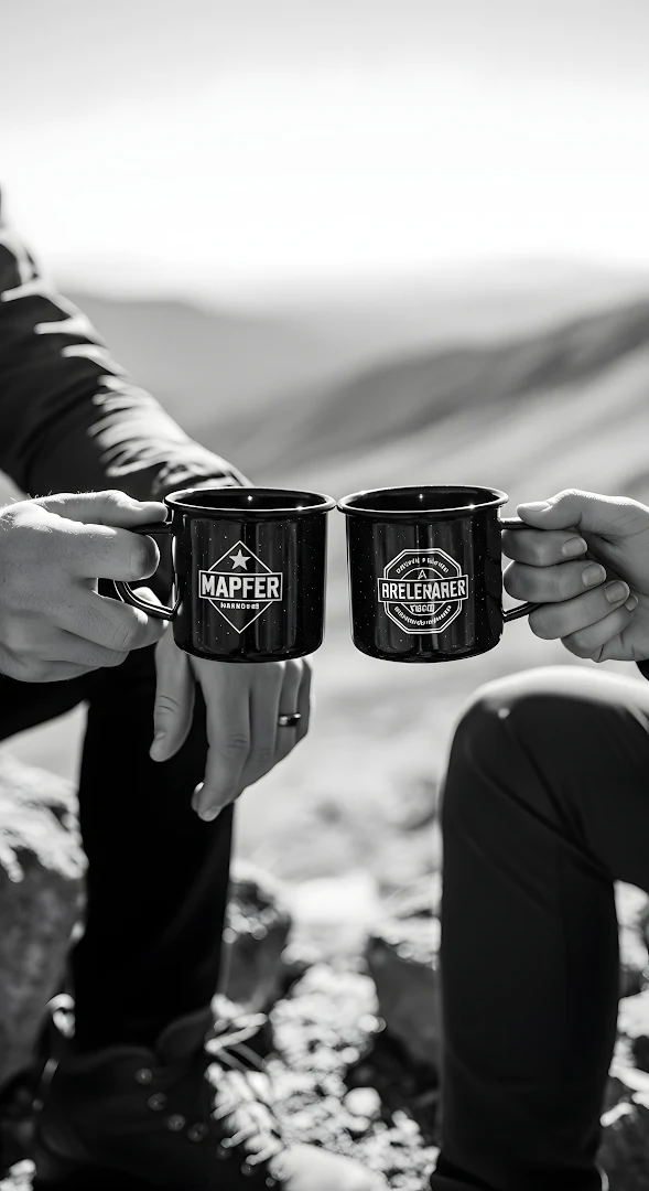 Black and White Photo of Two People Toasting with Enamel Mugs