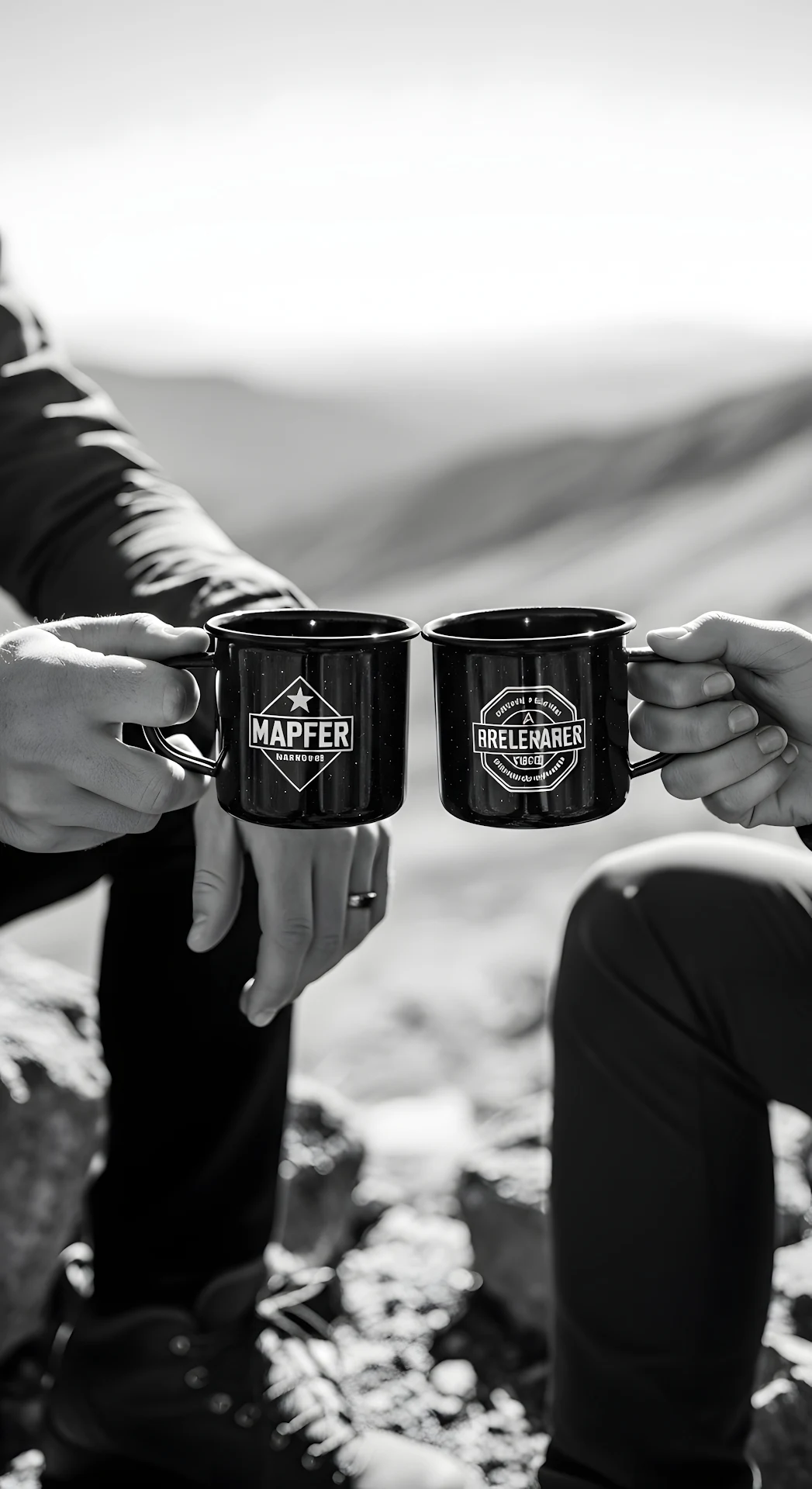 Black and White Photo of Two People Toasting with Enamel Mugs - Free 4K mobile Wallpaper