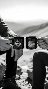 Black and White Photo of Two People Toasting with Enamel Mugs