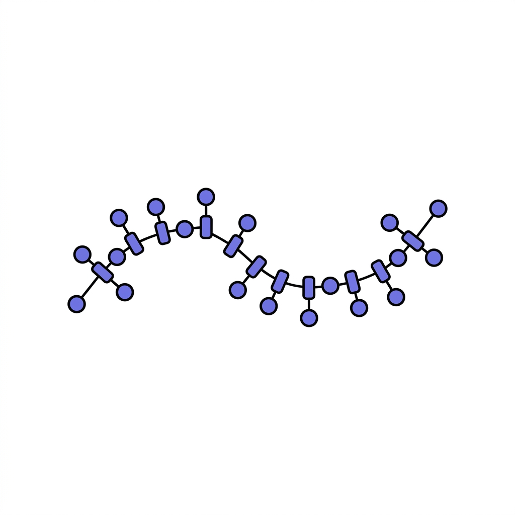 Minimalist 2D vector of a stylized peptide chain in Peptide World brand colors on white background showing bpc 157 peptide concept with purple accent nodes and black outlines