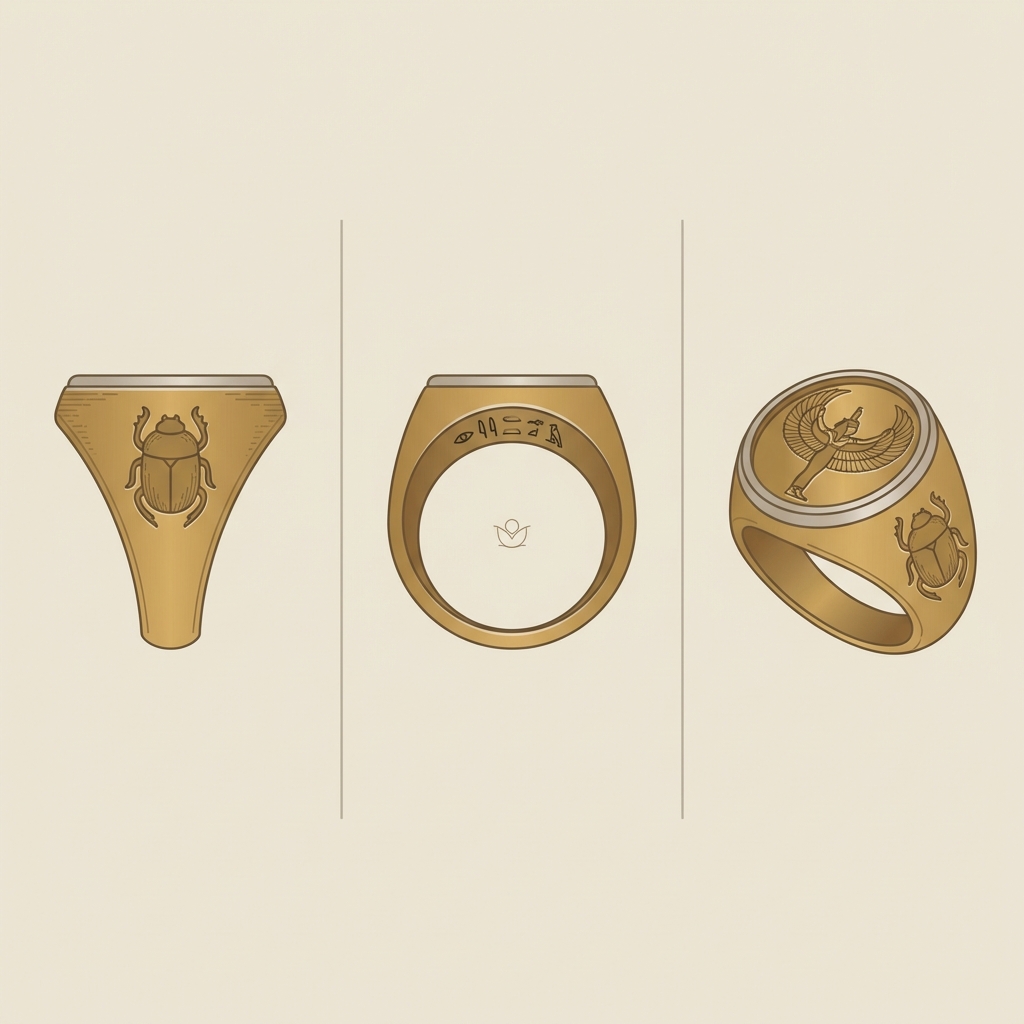 Minimal 2D vector study showing three views of an egyptian ring for women bezel profile interior band and angled intaglio carving on a parchment background