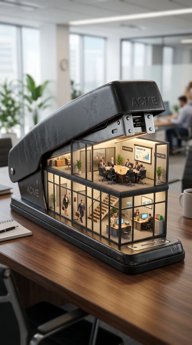 Surreal 3D Render of a Miniature Office and Boardroom Inside a Stapler - Free 4K mobile Wallpaper