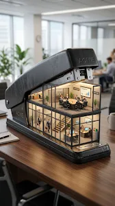Surreal 3D Render of a Miniature Office and Boardroom Inside a Stapler