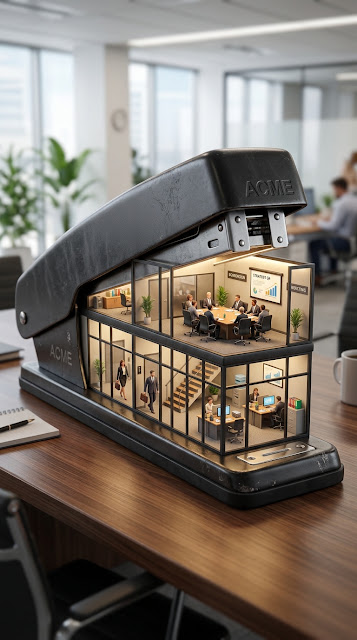 Surreal 3D Render of a Miniature Office and Boardroom Inside a Stapler - Free mobile Wallpaper