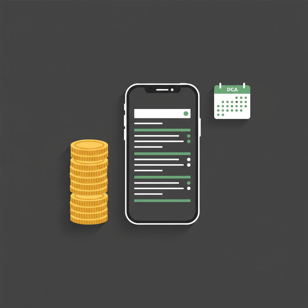 Minimalist vector composition of stacked coins calendar with monthly DCA marks and a smartphone transaction list illustrating how much should I invest in crypto as a beginner