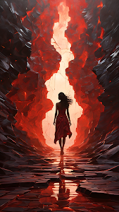 Woman Red Dress Walking Volcanic Cave Entrance