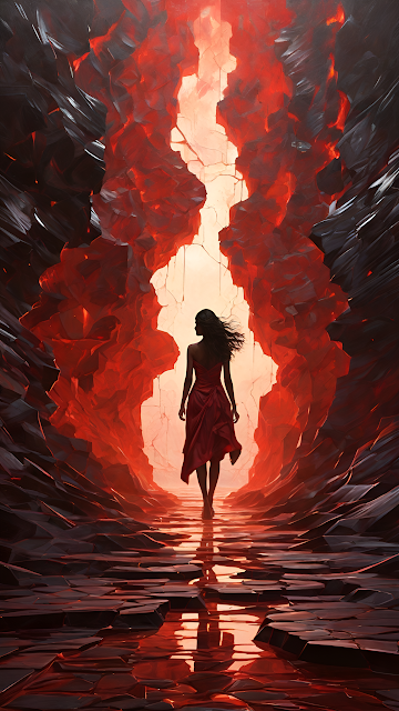 Woman Red Dress Walking Volcanic Cave Entrance - Free mobile Wallpaper