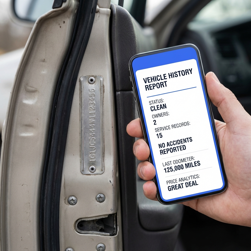 Close up of a used car VIN plate and hand holding a smartphone showing a vehicle history report for transparency and trust usedcar dealerships near me