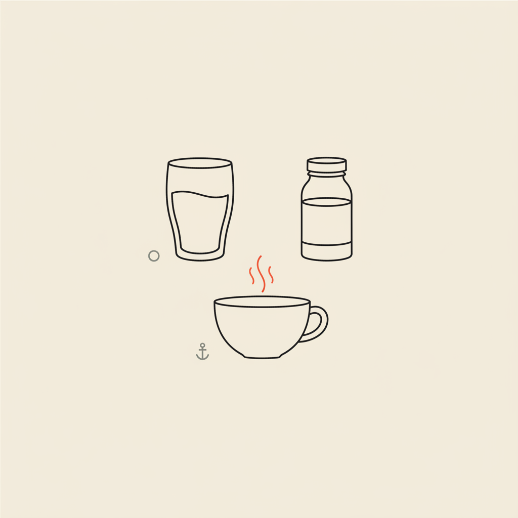 Minimalist vector illustration of a water glass, protein shake bottle, and tea cup in triangular layout on beige background — best drink to speed up metabolism