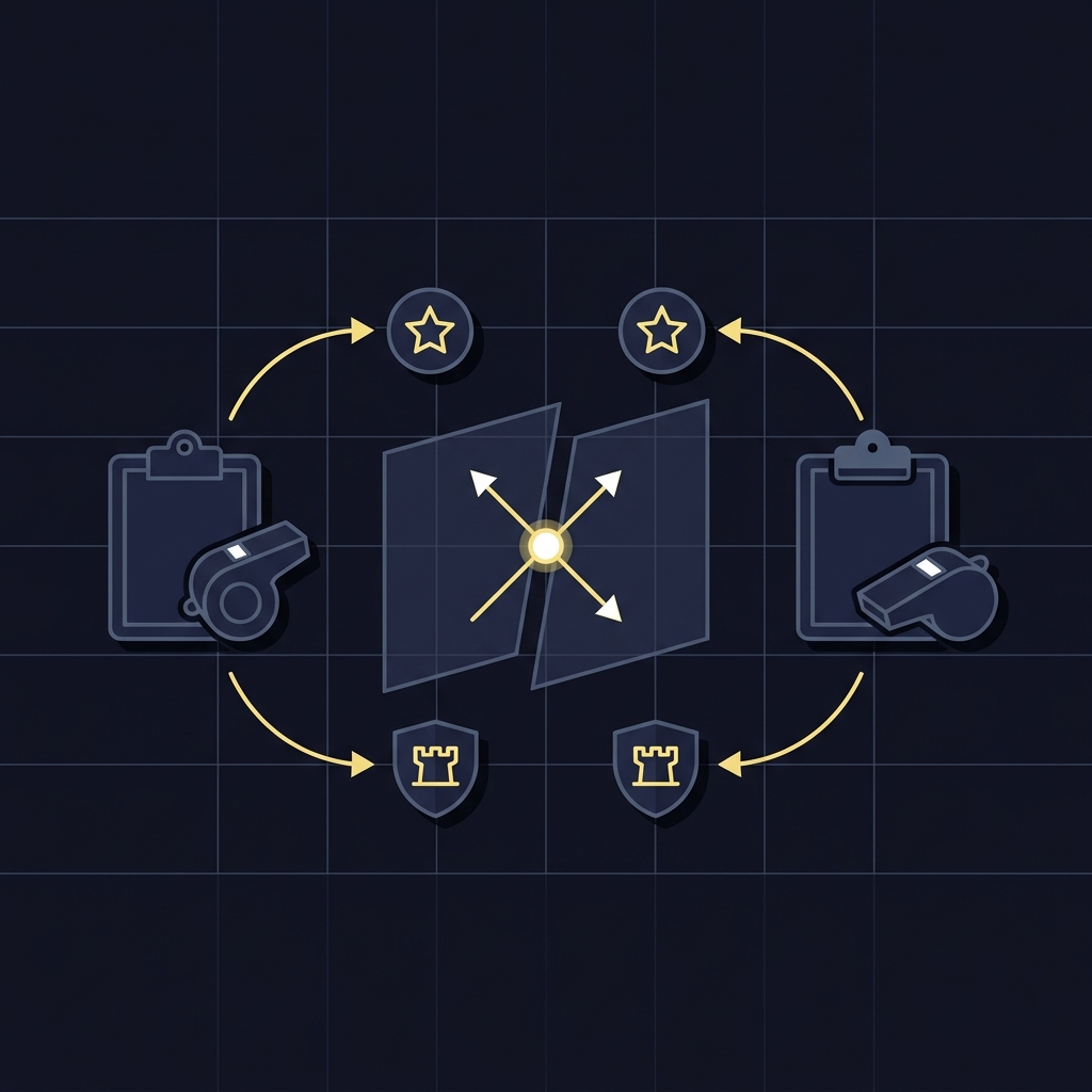 Minimalist 2D vector diagram for 76ers prediction showing symbolic coach icons for Nick Nurse and Quin Snyder with accent arrows indicating matchup focal points on a Funded Plays color background