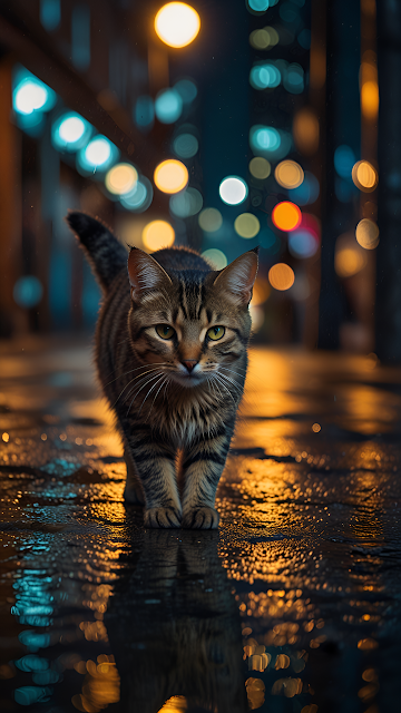 Tabby Cat Walking on Rainy City Street at Night - Free mobile Wallpaper