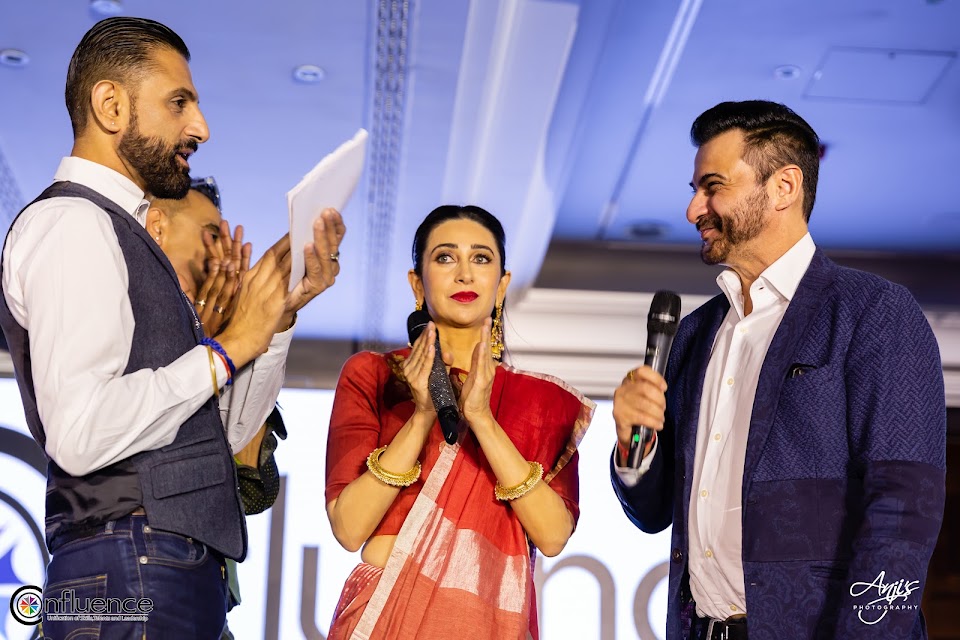 Karisma Kapoor and Sanjay Kapoor on stage at Bharat Conclave, London