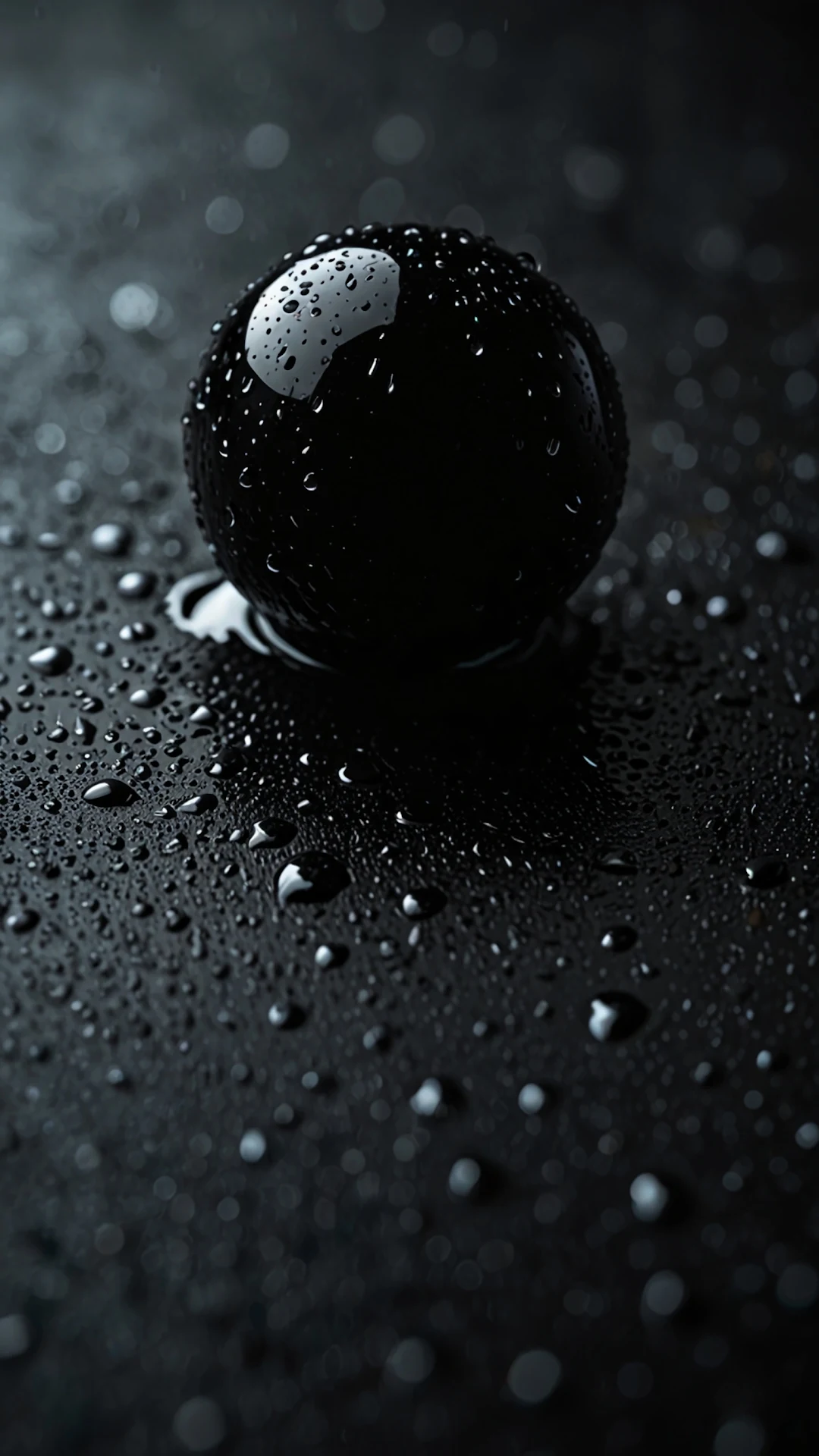 Glossy black sphere covered in water droplets on dark surface - Free 4K mobile Wallpaper