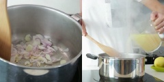 Thêm chút dầu ăn vào nồi, cho hành tím và tỏi vào phi thơm sau đó thêm nước dùng gà, nước lọc, sả và lá nguyệt quế vào, nêm nếm cùng với muối và gia vị.