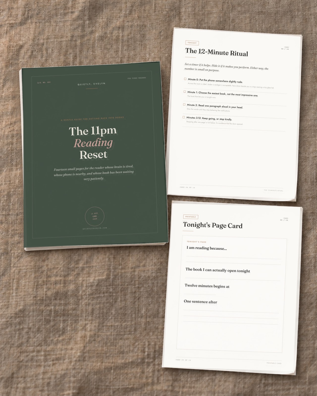 The 11pm Reading Reset digital journal cover beside its 12-Minute Ritual and Tonight's Page Card pages.