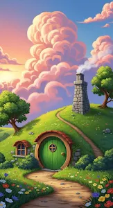 Fantasy Hobbit House Under a Pink Sunset Sky