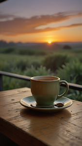 Relaxing Sunrise View Coffee Mug on Rustic Wooden Table