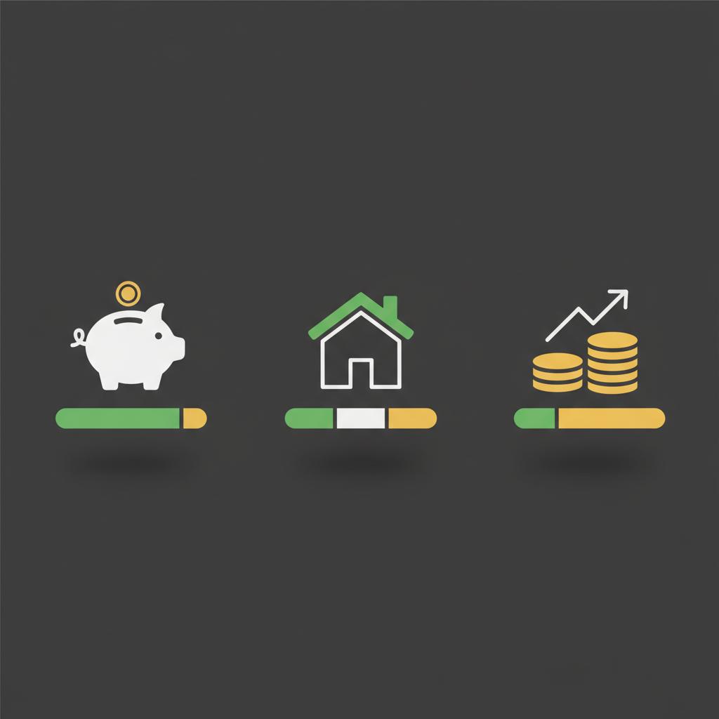 Minimalist 2D vector illustration showing three goal icons and allocation bars for investing money for beginners on a dark Finance Police style background