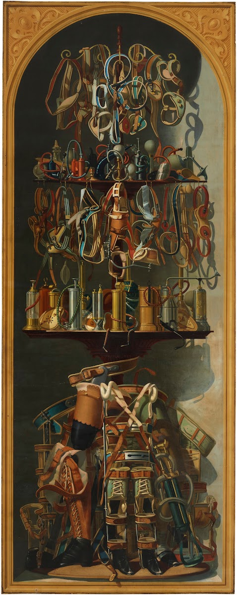 Still lifes depicting prosthetic arms prosthetic legs and medical instruments in