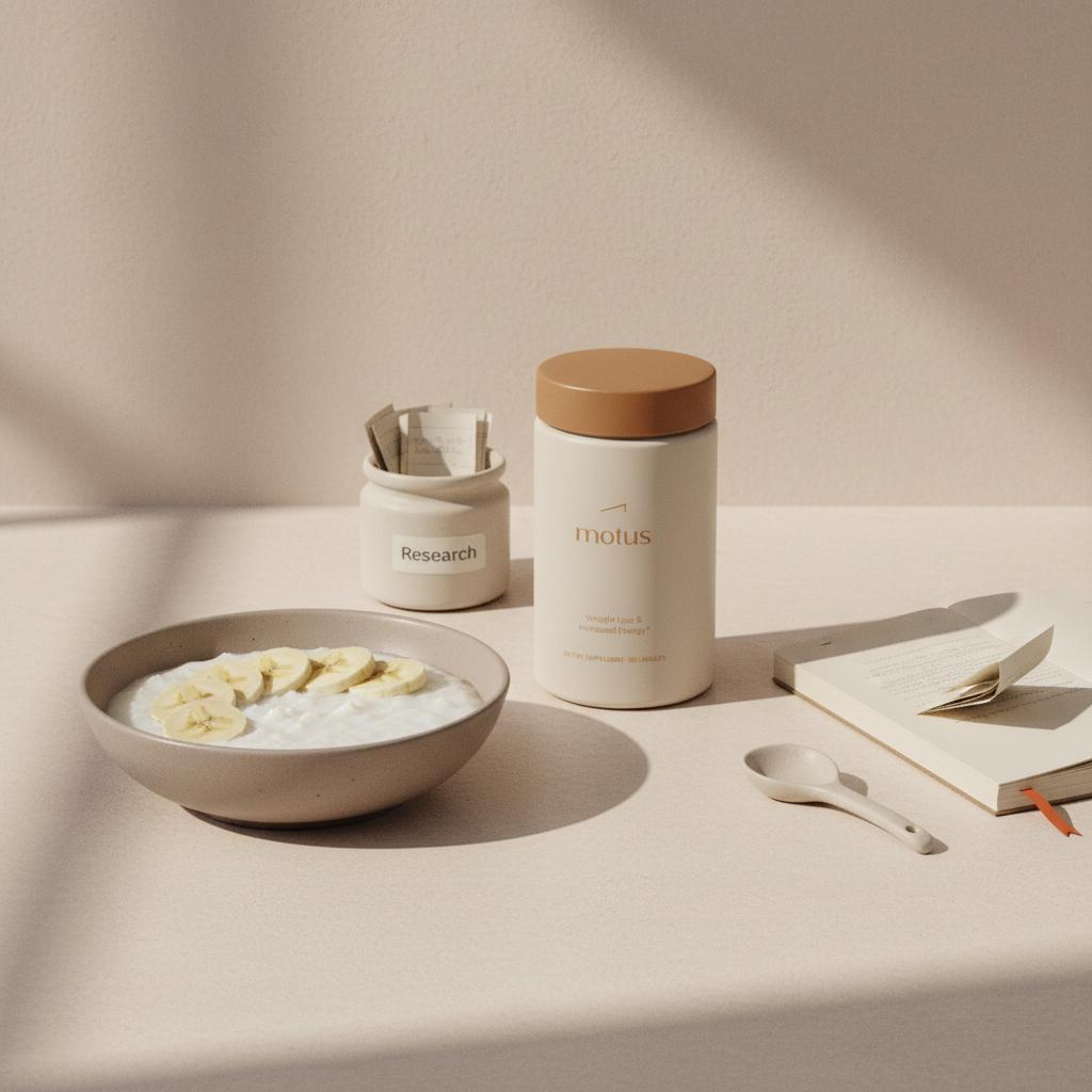 Minimal kitchen counter with rice porridge, sliced banana and Tonum supplement bottle beside a small 'Research' note jar — visual to flush gluten out of your system
