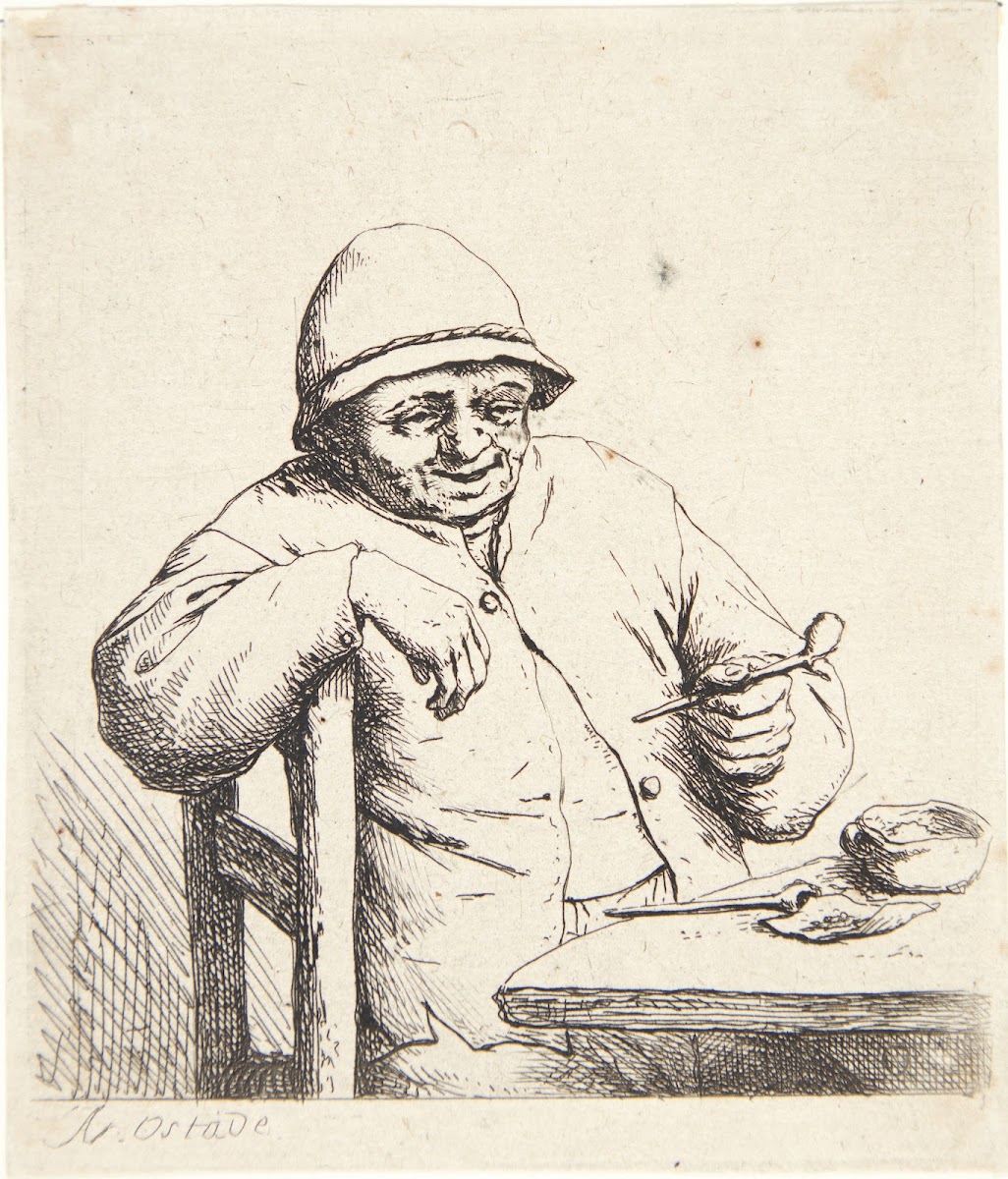 Farmer sitting at a table with a pipe in his hand 1672