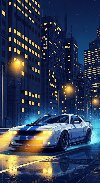 Cartoon Style Muscle Car Driving in Neon-Lit Night City - Free mobile Wallpaper