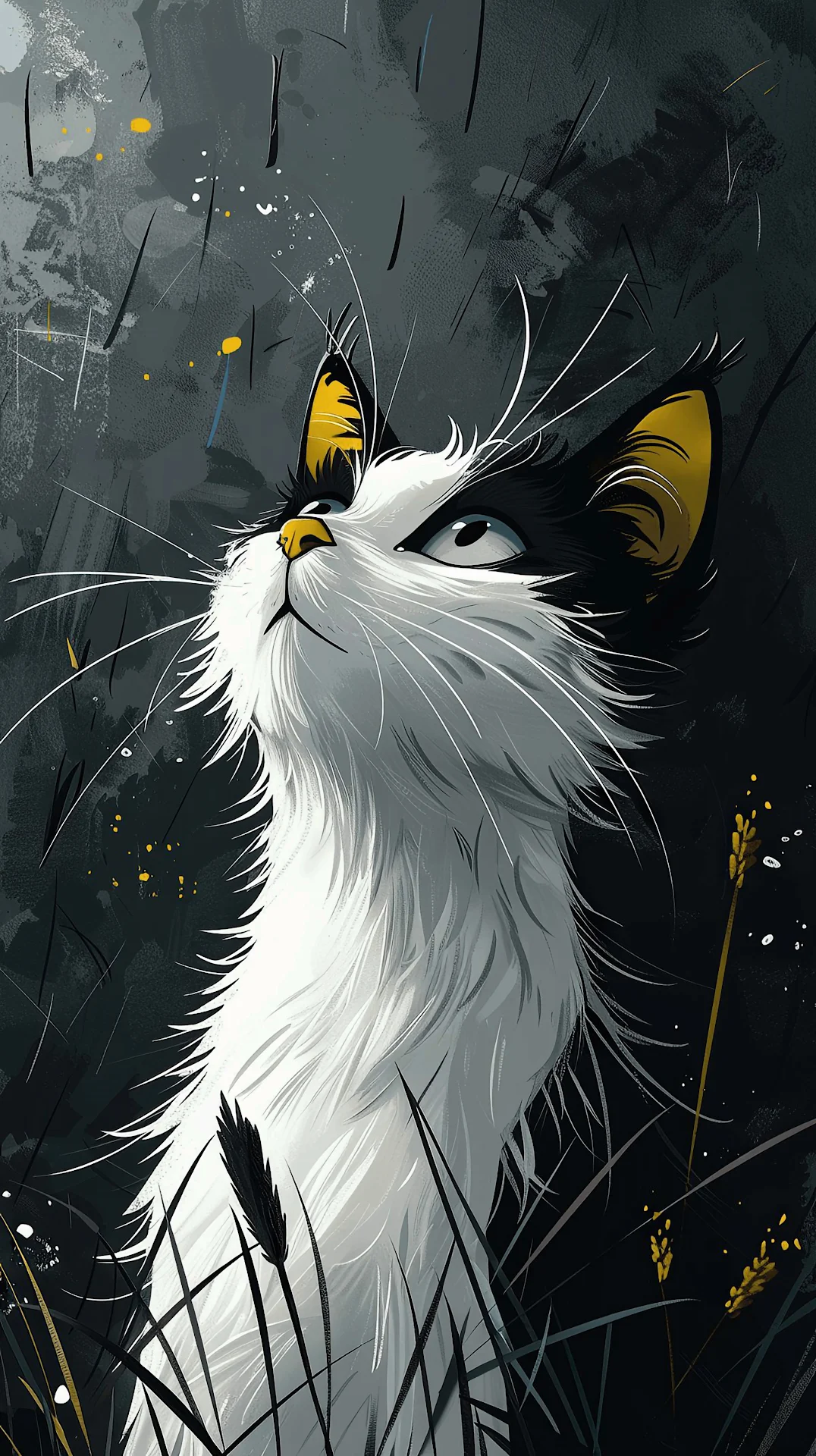 Dramatic Black White Cat Looking Up in Tall Grass Art - Free 4K mobile Wallpaper