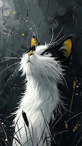 Dramatic Black White Cat Looking Up in Tall Grass Art