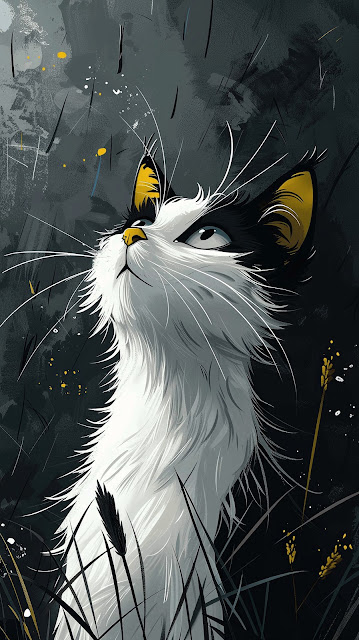 Dramatic Black White Cat Looking Up in Tall Grass Art - Free mobile Wallpaper