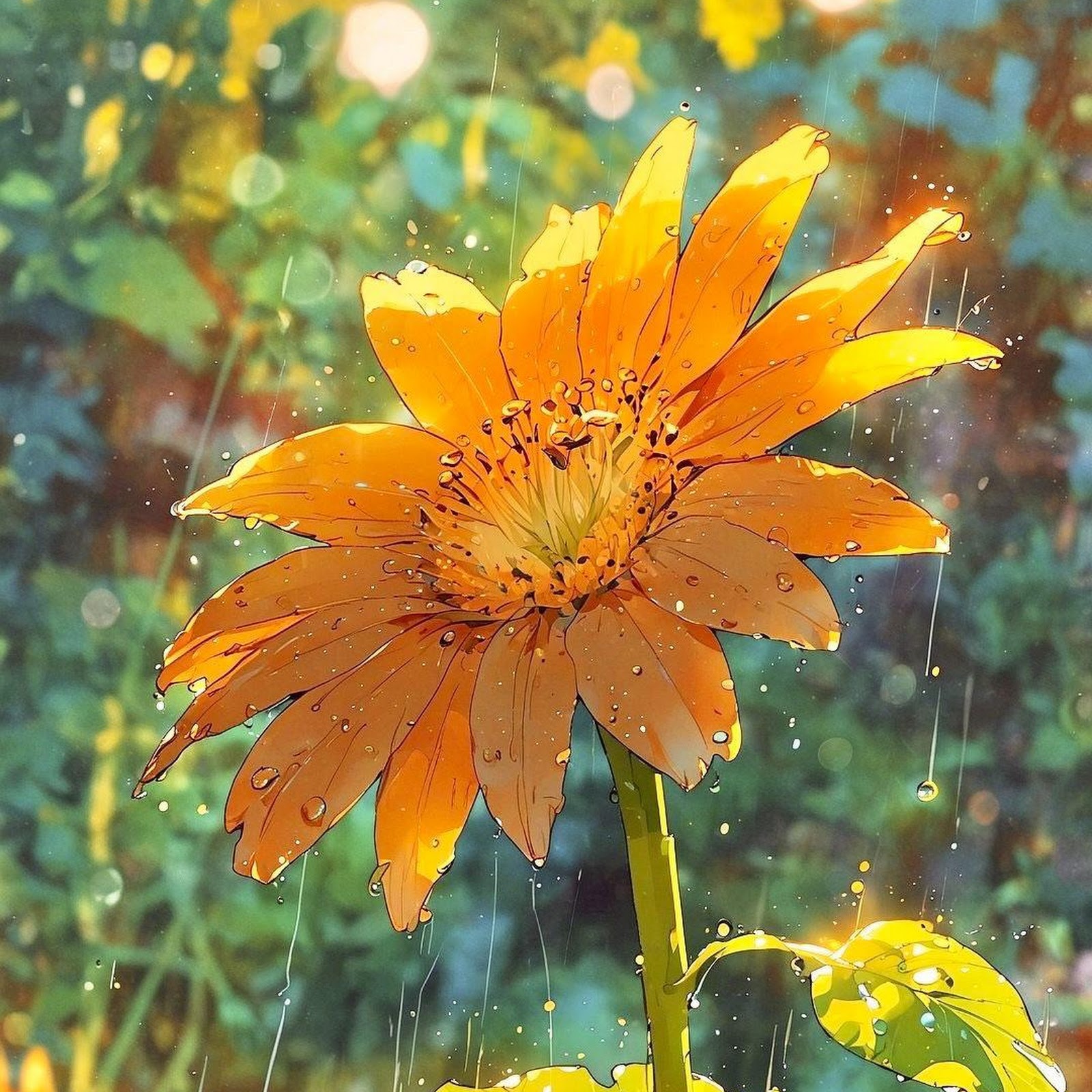 Download Sunflower, Rain, Artwork, Floral Full HD iPhone