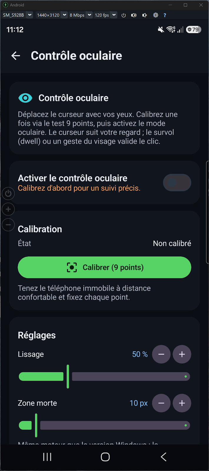 Accessibility Controller Android - contrôle oculaire avec calibration 9 points sur smartphone