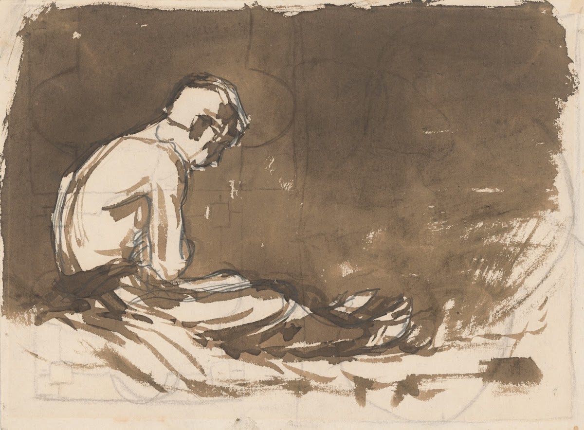 Sketch of a Man sitting Half Naked from a Side View In Prison I
