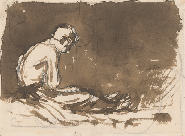 Sketch of a Man sitting Half Naked from a Side View In Prison I