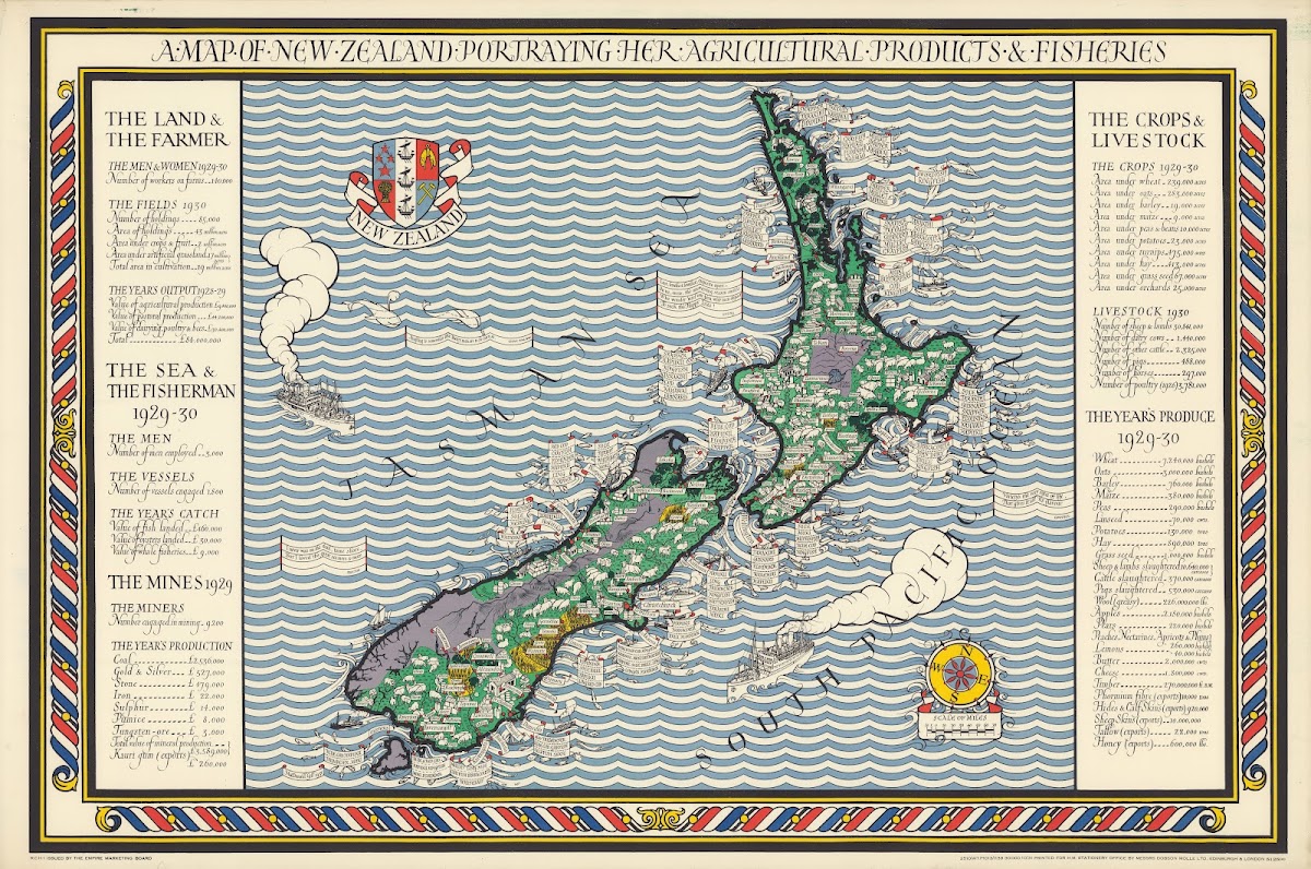 A Map Of New Zealand Portraying Her Agricultural Products  Fisheries 1931
