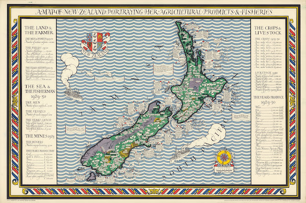 A Map Of New Zealand Portraying Her Agricultural Products  Fisheries 1931