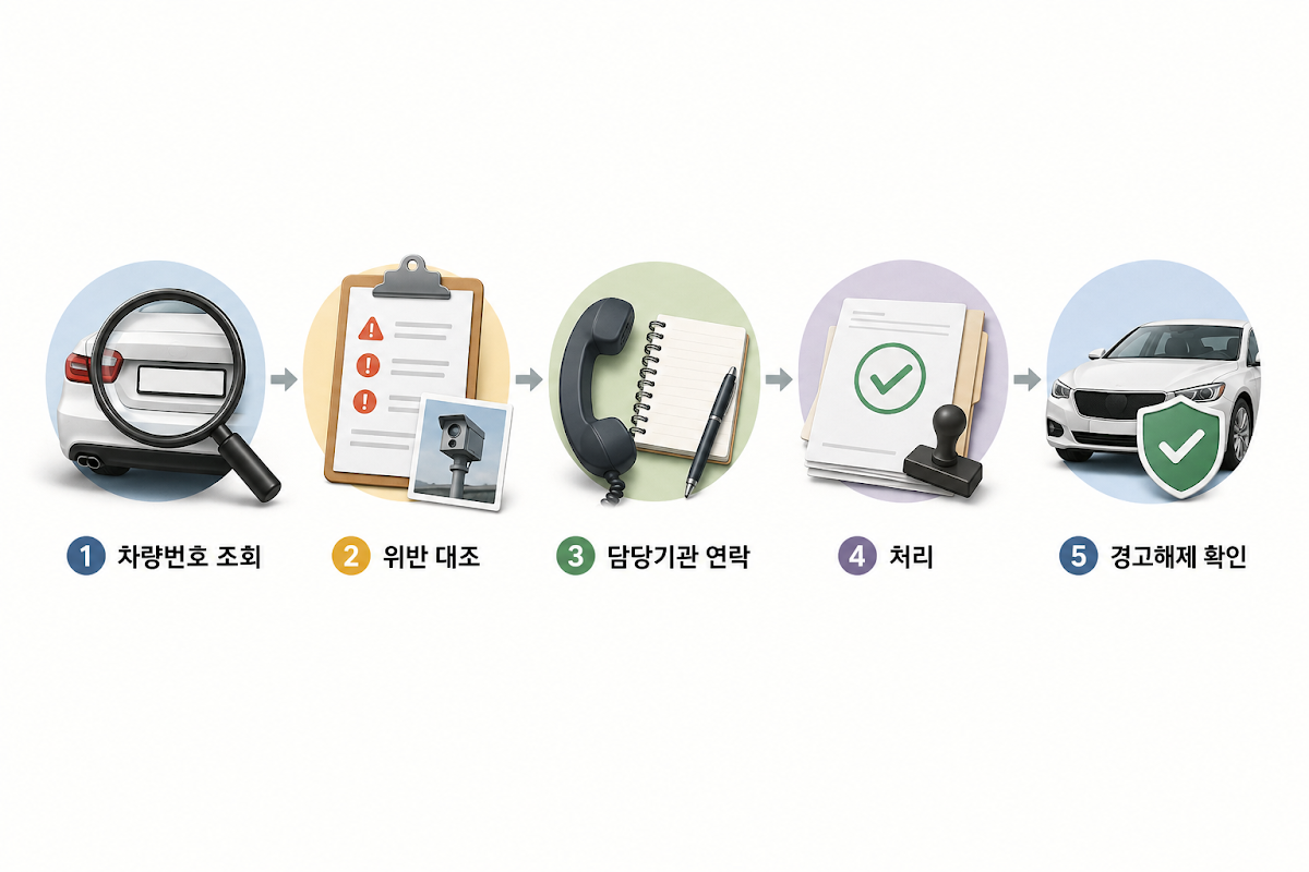 차량번호 조회, 위반 대조, 담당기관 연락, 처리, 경고해제 확인 절차