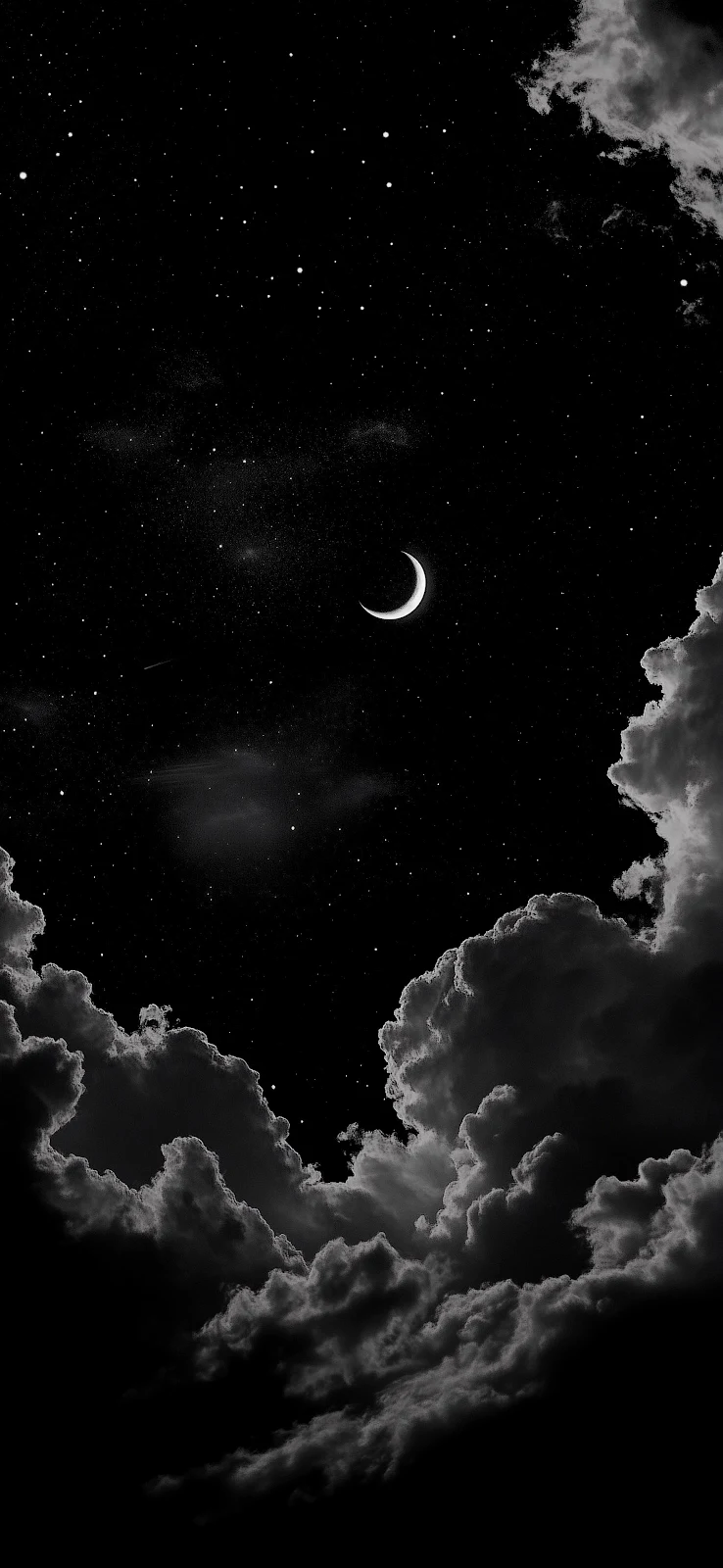 Crescent Moon And Night Clouds - Monochrome Night Photography 2K iPhone Wallpaper (1766x3827)