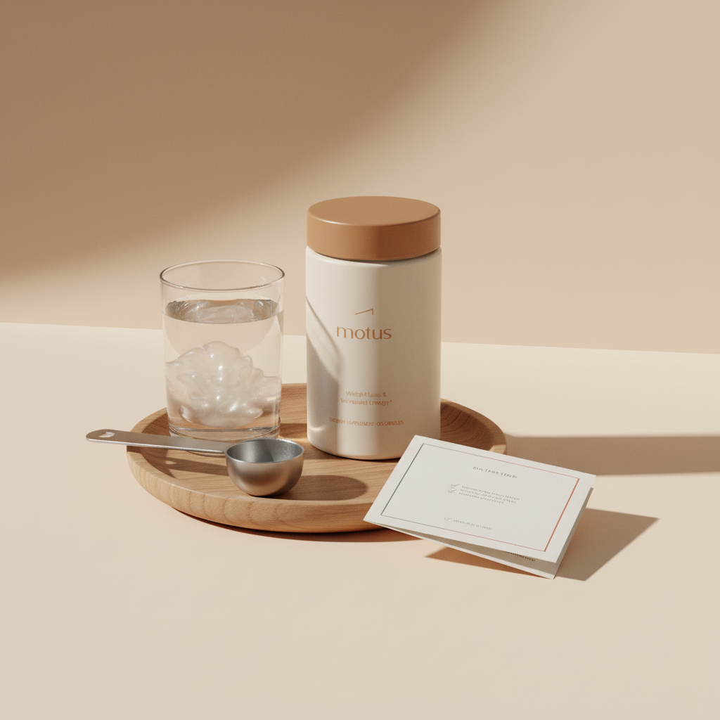 Minimalist Tonum Motus jar on a wooden tray with a glass of water showing pale gel, measuring scoop and folded instruction card on #F2E5D5 background — what fiber acts like ozempic
