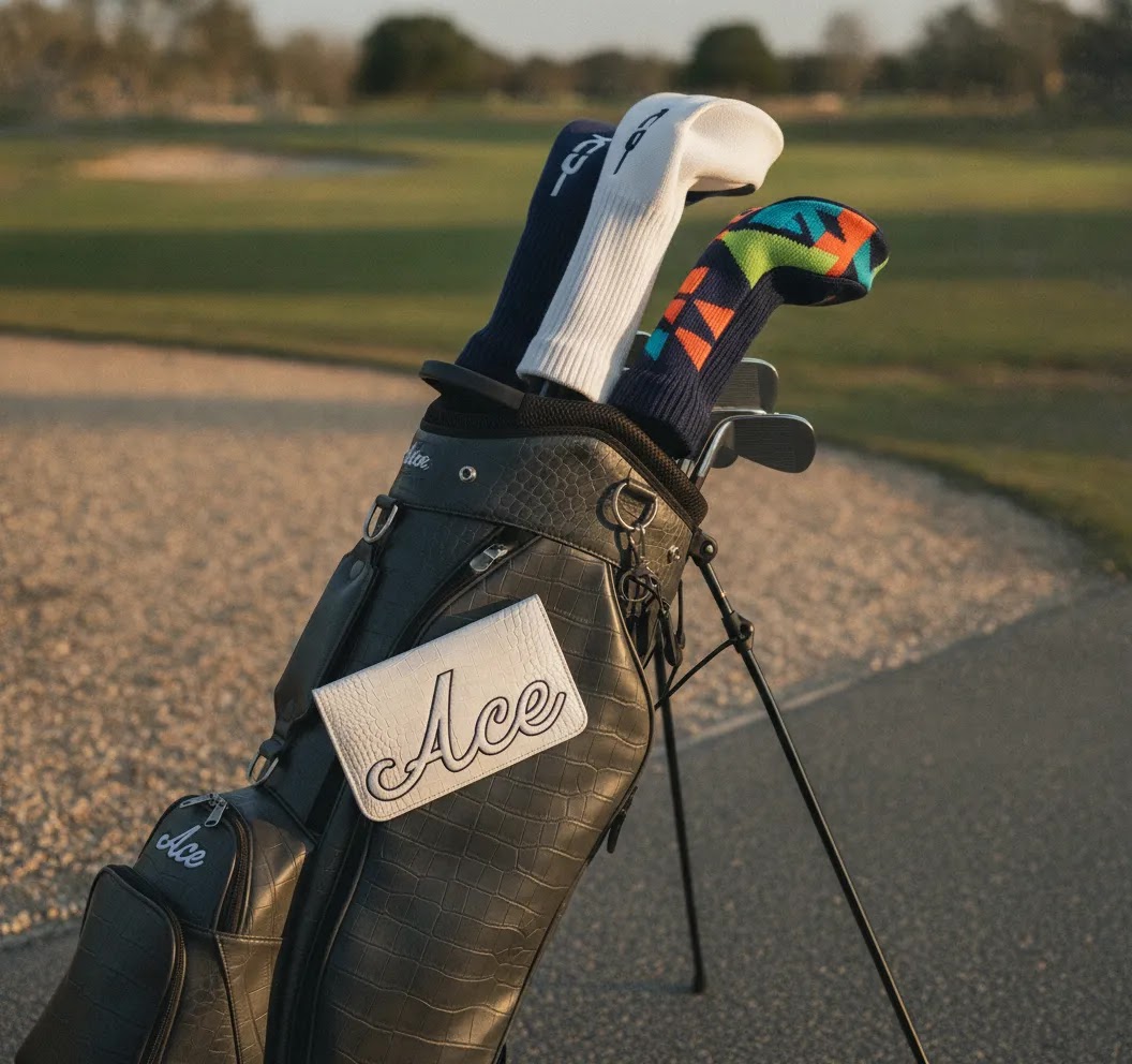 Eye catching colorful golf headcovers on a dark golf bag with premium leather accessory styling