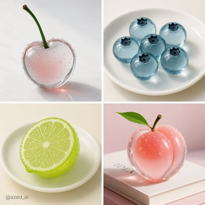 Fruta de cristal translúcido, renderizado 3D en alta definición.