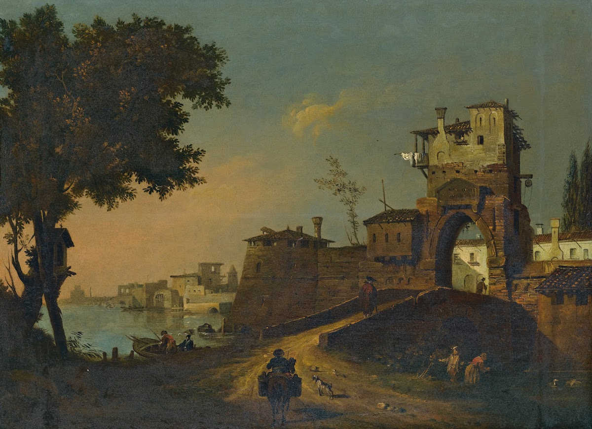 Italian Landscape With FiguresEntering A Fortified Waterside Town