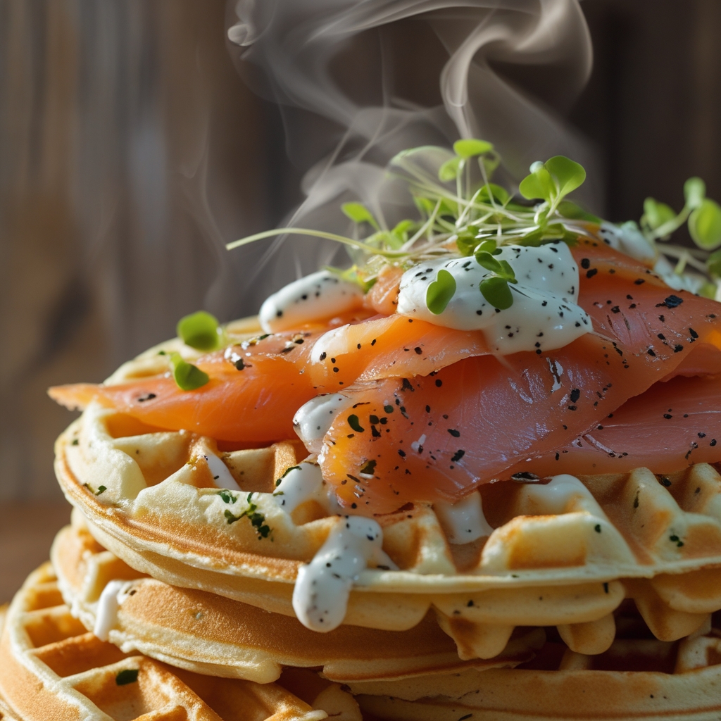 Savory Cottage Cheese & Everything Waffles with Smoked Salmon Protein Stack