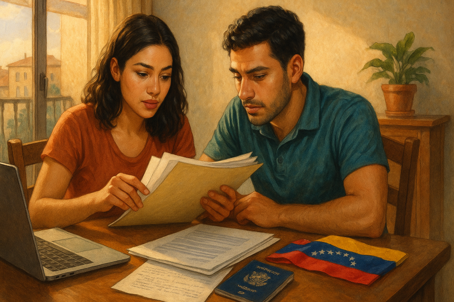 Venezolanos profesionales en España preparando documentos de homologación y apostilla
